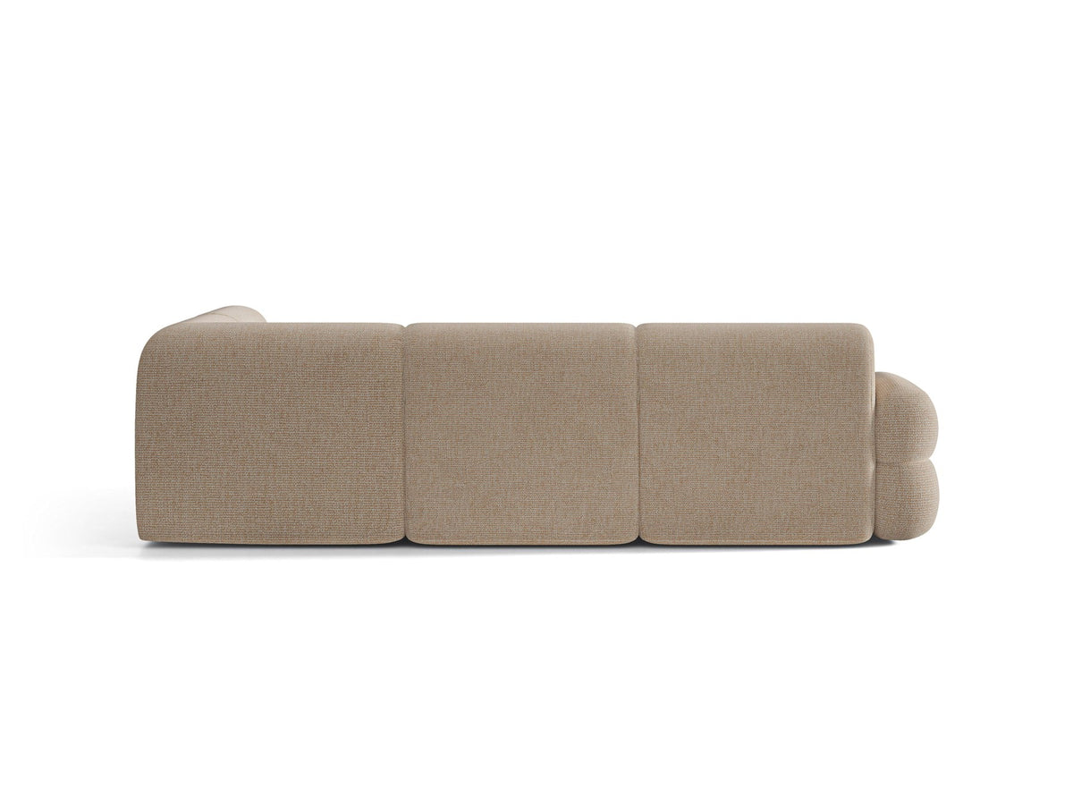 Neo Linkes Ecksofa von Micadoni in dunklem Olivgrün, L-Sofa rechts mit Bouclé-Stoffbezug, hoher Rückenlehne und schwarzen Kunststoffbeinen.