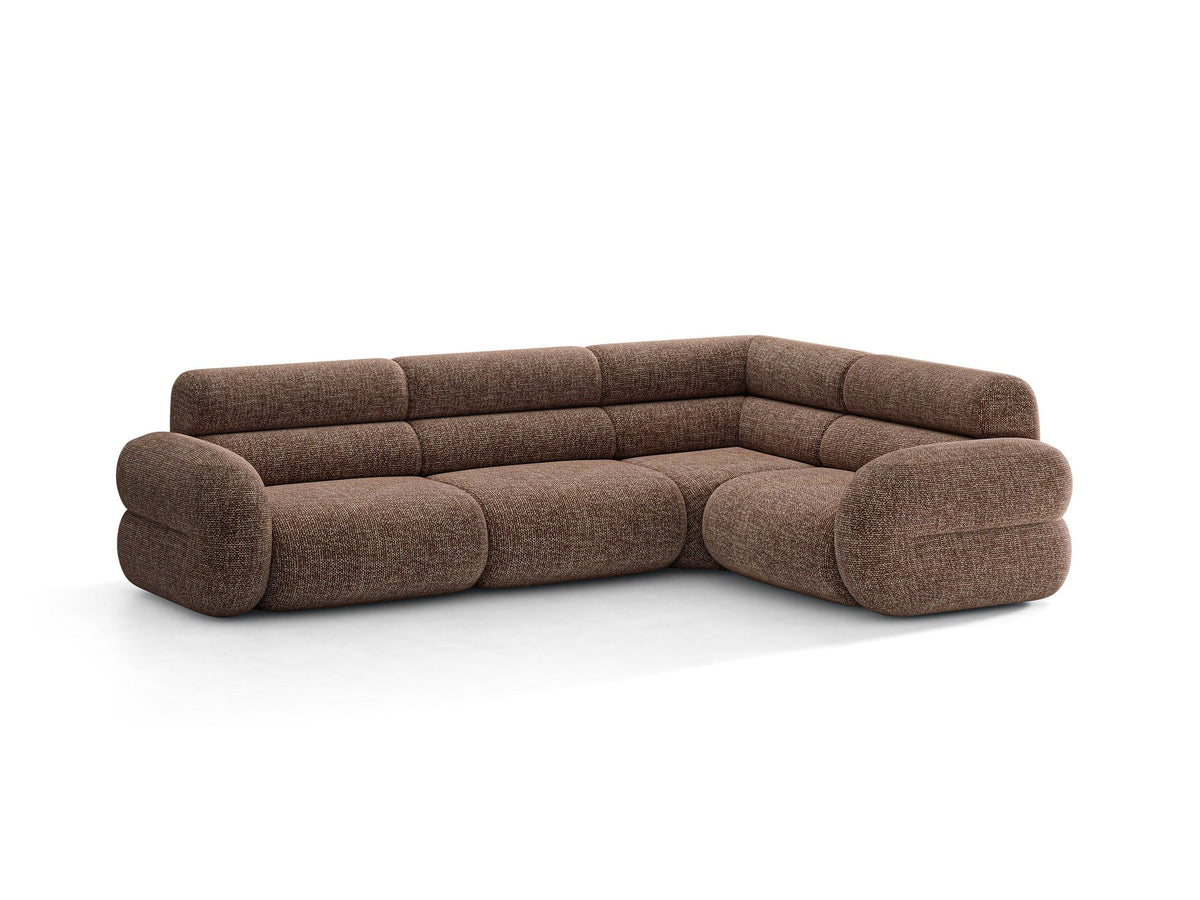 Neo Linkes Ecksofa von Micadoni in dunklem Olivgrün, L-Sofa rechts mit Bouclé-Stoffbezug, hoher Rückenlehne und schwarzen Kunststoffbeinen.