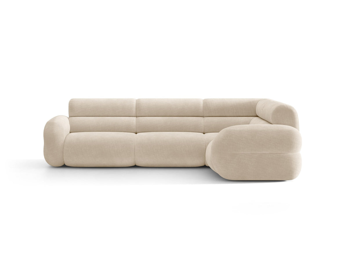 Neo Linkes Ecksofa von Micadoni in dunklem Olivgrün, L-Sofa rechts mit Bouclé-Stoffbezug, hoher Rückenlehne und schwarzen Kunststoffbeinen.