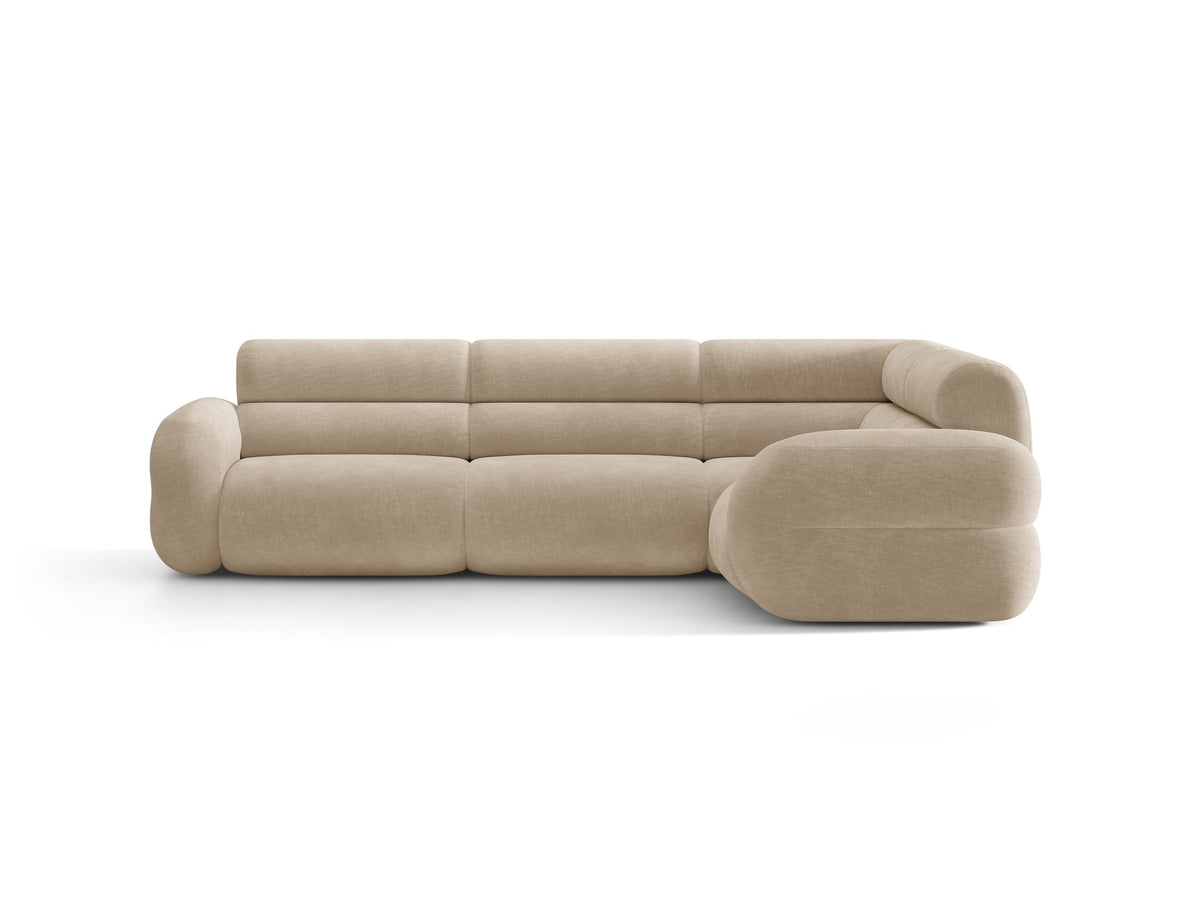 Neo Linkes Ecksofa von Micadoni in dunklem Olivgrün, L-Sofa rechts mit Bouclé-Stoffbezug, hoher Rückenlehne und schwarzen Kunststoffbeinen.