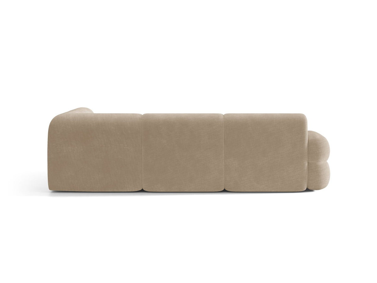 Neo Linkes Ecksofa von Micadoni in dunklem Olivgrün, L-Sofa rechts mit Bouclé-Stoffbezug, hoher Rückenlehne und schwarzen Kunststoffbeinen.