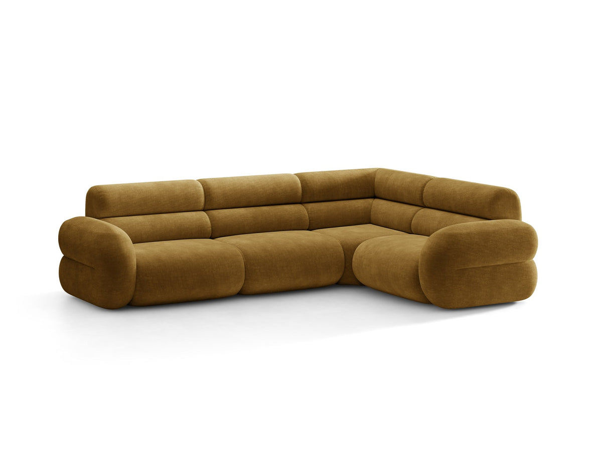 Neo Linkes Ecksofa von Micadoni in dunklem Olivgrün, L-Sofa rechts mit Bouclé-Stoffbezug, hoher Rückenlehne und schwarzen Kunststoffbeinen.