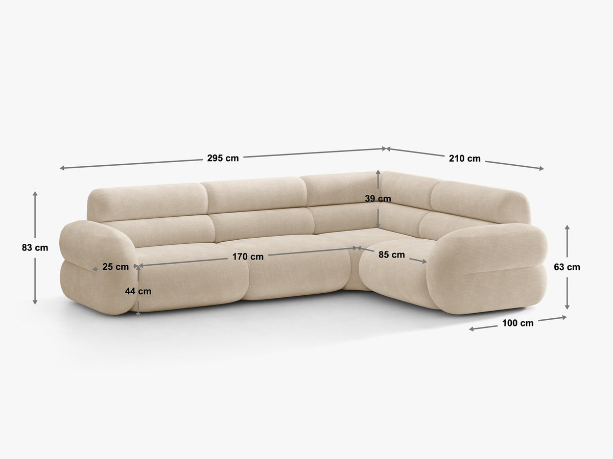 Neo Linkes Ecksofa von Micadoni in dunklem Olivgrün, L-Sofa rechts mit Bouclé-Stoffbezug, hoher Rückenlehne und schwarzen Kunststoffbeinen.