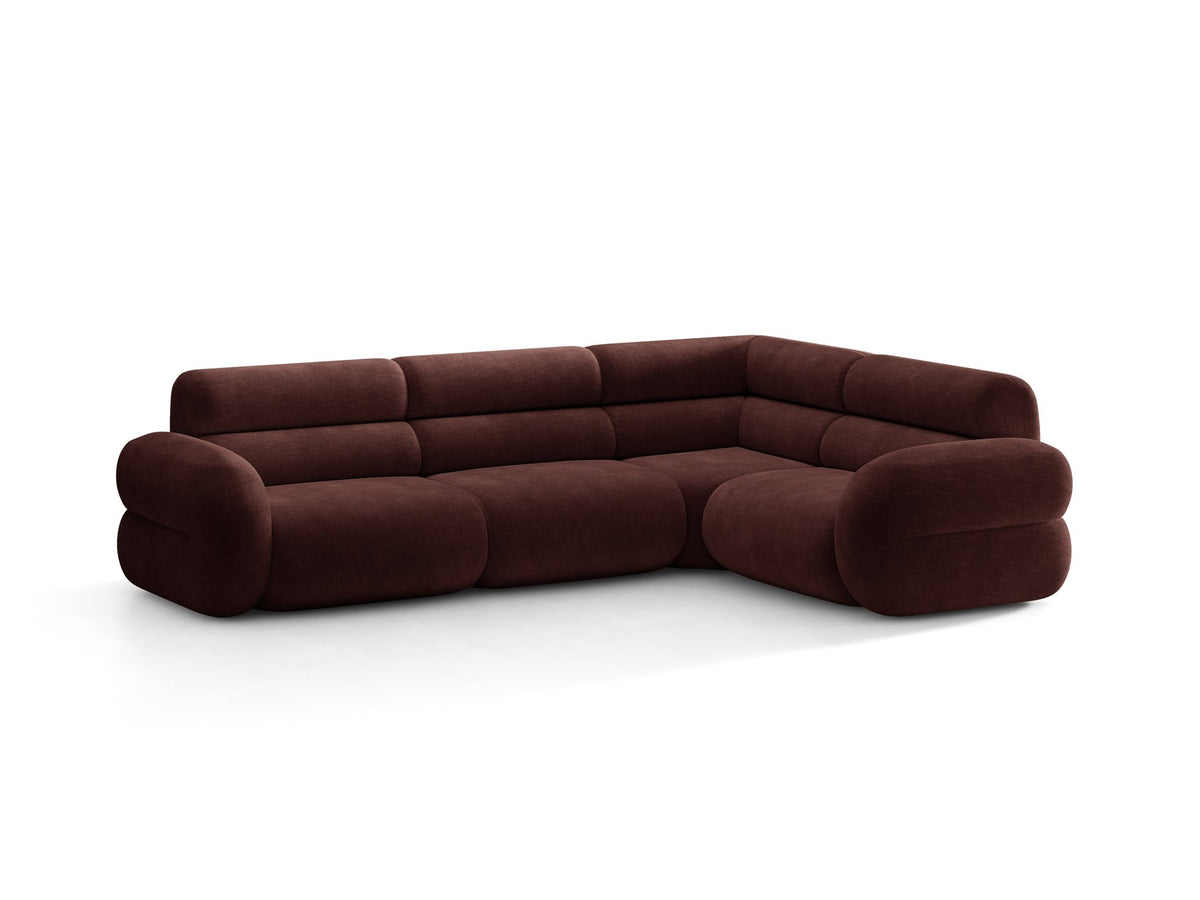 Neo Linkes Ecksofa von Micadoni in dunklem Olivgrün, L-Sofa rechts mit Bouclé-Stoffbezug, hoher Rückenlehne und schwarzen Kunststoffbeinen.