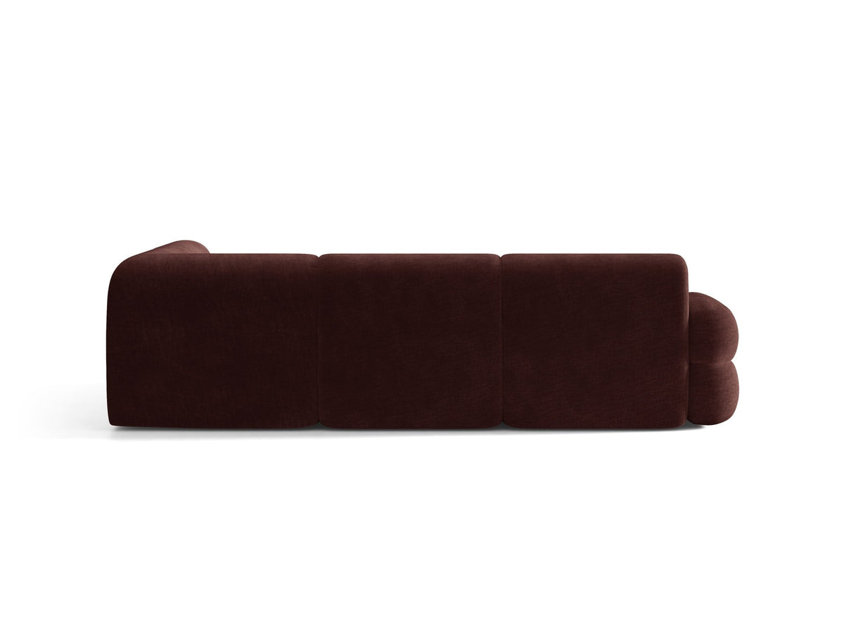 Neo Linkes Ecksofa von Micadoni in dunklem Olivgrün, L-Sofa rechts mit Bouclé-Stoffbezug, hoher Rückenlehne und schwarzen Kunststoffbeinen.
