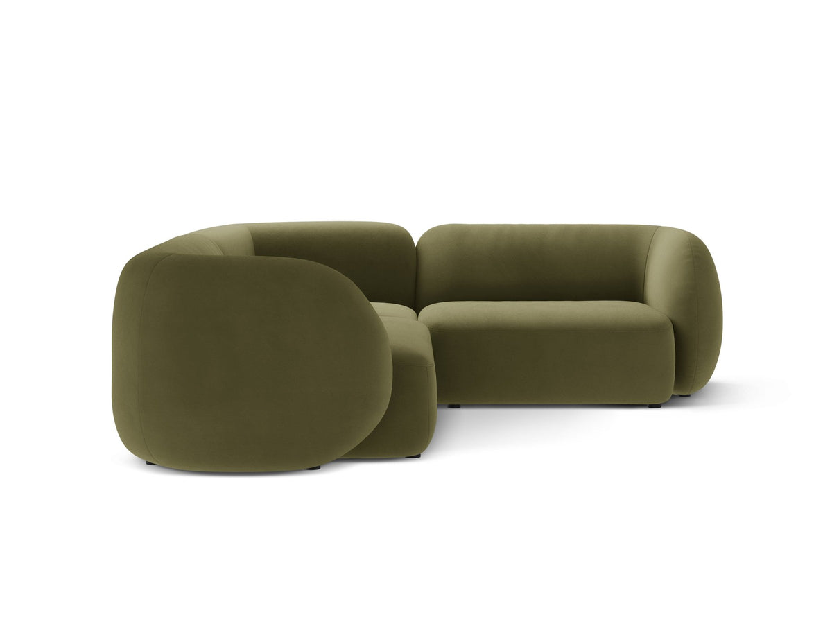 Weisses Ecksofa rechts von Micadoni aus der Kate-Serie mit strukturiertem Bouclé-Stoff, schwarzen Kunststoffbeinen und modularem Aufbau.