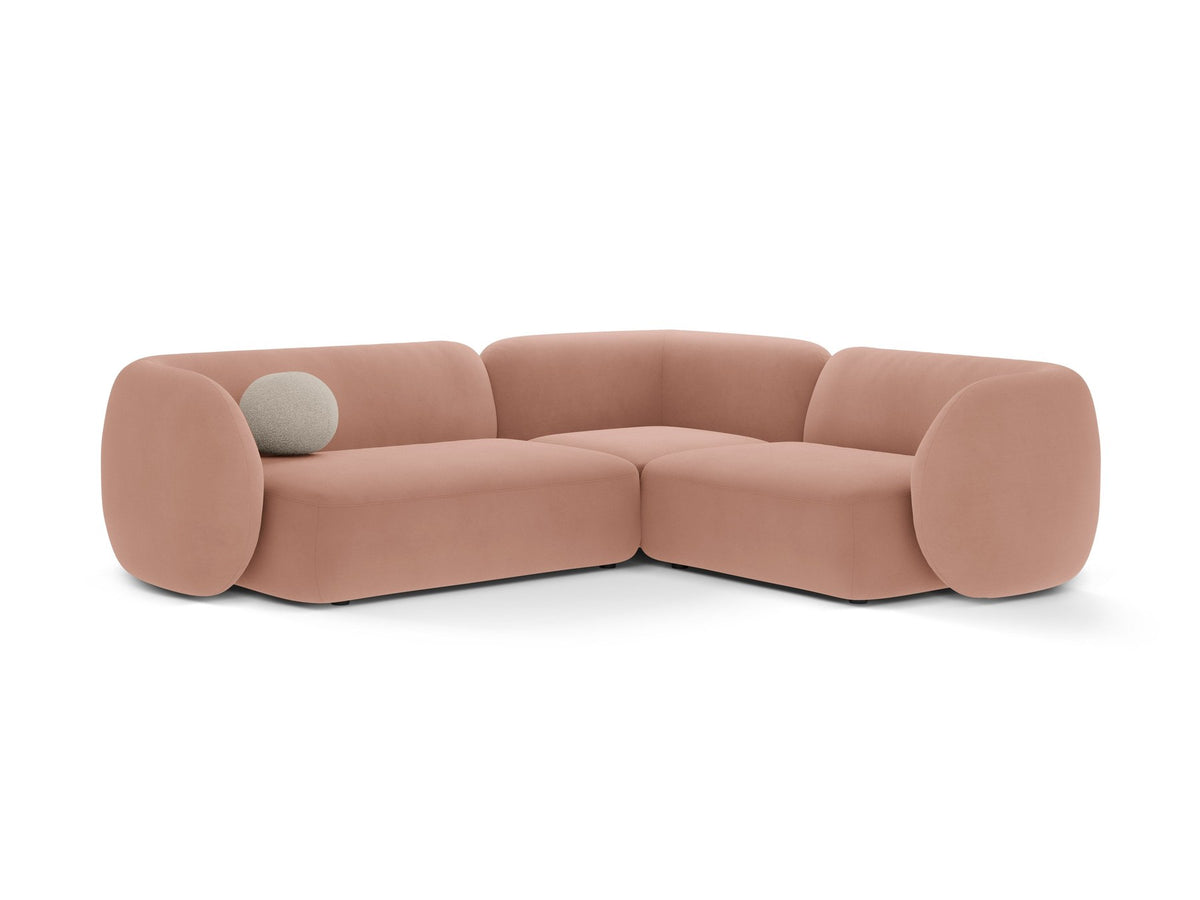 Weisses Ecksofa rechts von Micadoni aus der Kate-Serie mit strukturiertem Bouclé-Stoff, schwarzen Kunststoffbeinen und modularem Aufbau.