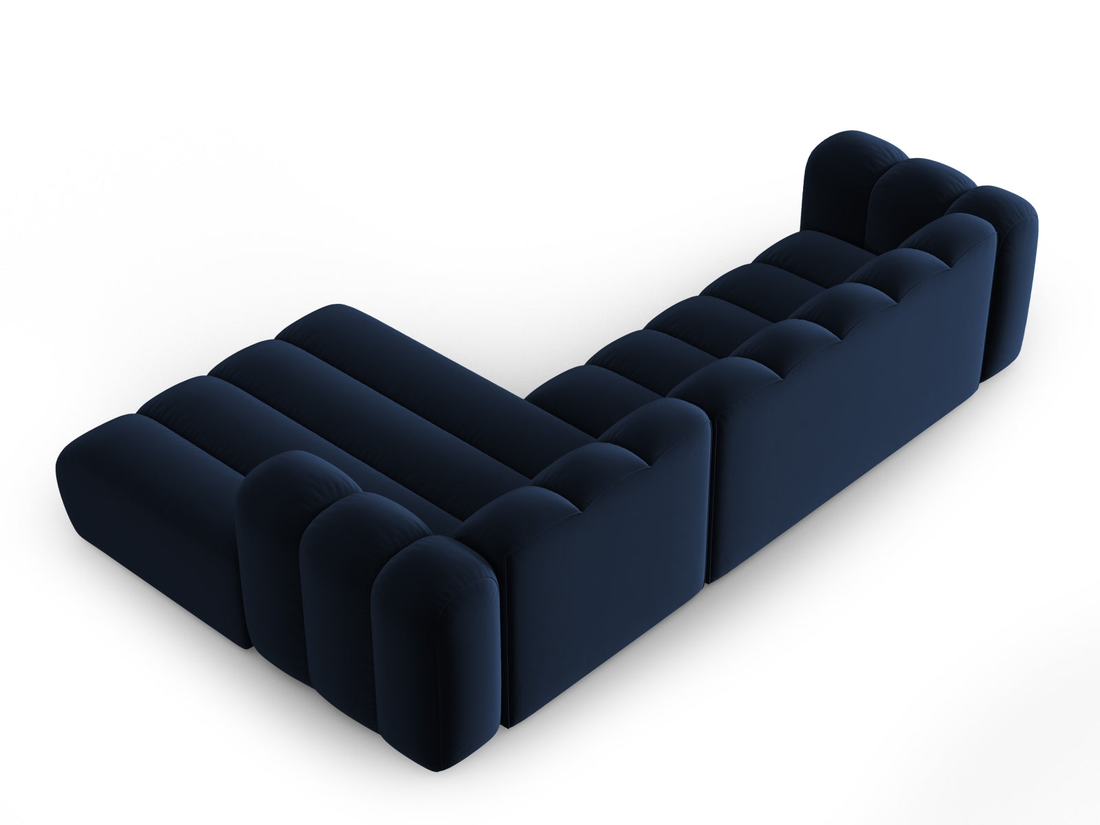 Elegantes, modulares Ecksofa in Royal Blue, rechtsseitig, bietet Platz für vier Personen. Ideal für stilvolle Wohnräume.