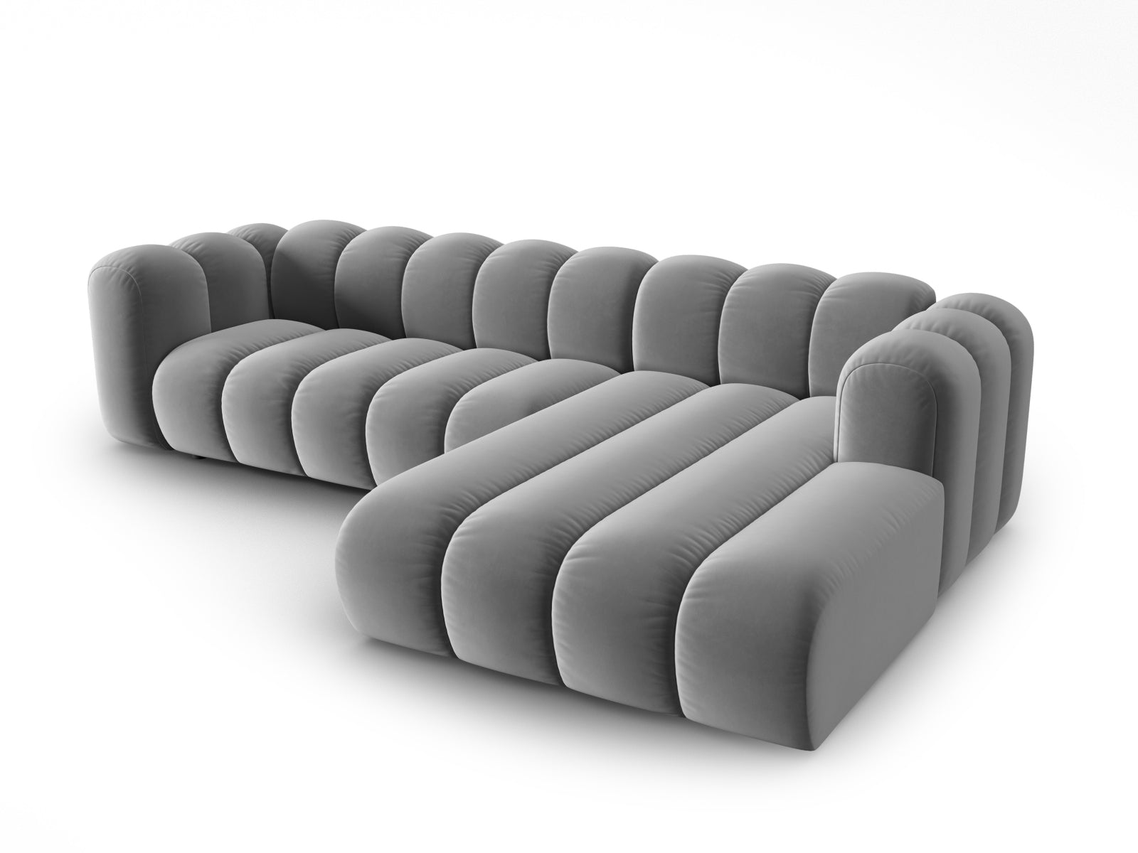 Modulares Ecksofa in edlem Velours, 4-Sitzer, rechtsseitig, perfekt für moderne Wohnkonzepte. Hochwertige Qualität von Micadoni.