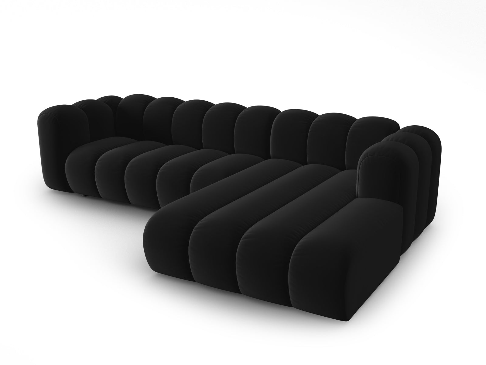 Modulares Ecksofa Lupine Velour in edlem Schwarz, 4-Sitzer, rechtsseitig, perfekt für moderne und gemütliche Wohnambiente.