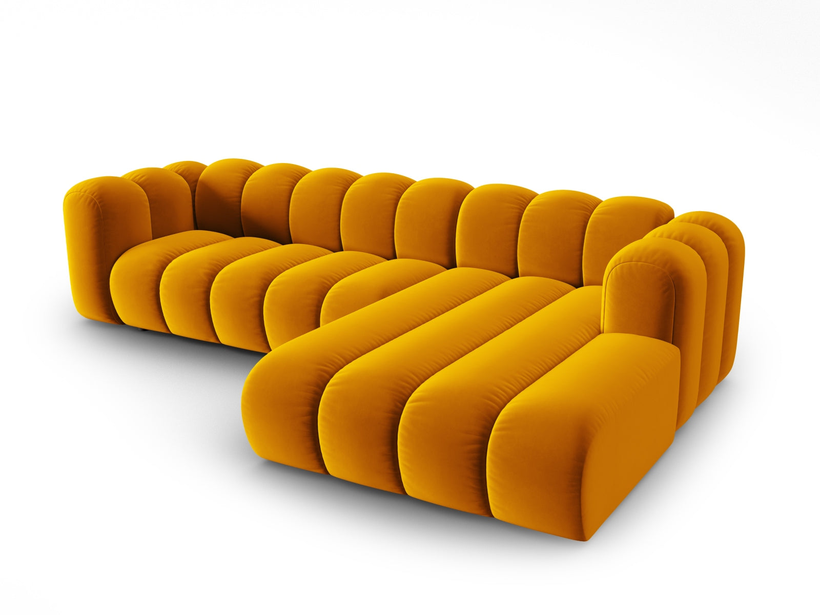 Modulares Ecksofa in hochwertigem Velours, 4-Sitzer, rechtsseitig, leuchtendes Gelb, perfekt für moderne und elegante Wohnkonzepte.