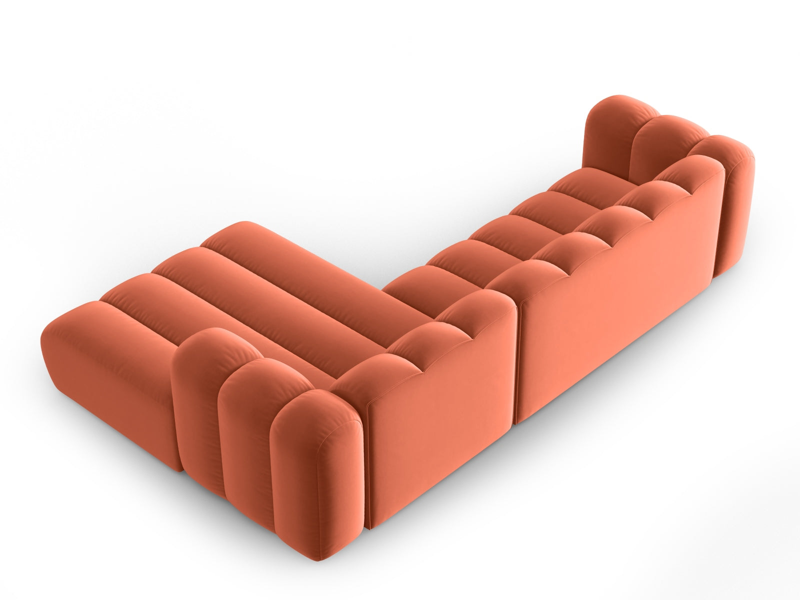 Elegantes, modulares Ecksofa in sanftem Velours, 4-Sitzer, ideal für stilvolle Wohnräume und entspannte Abende.