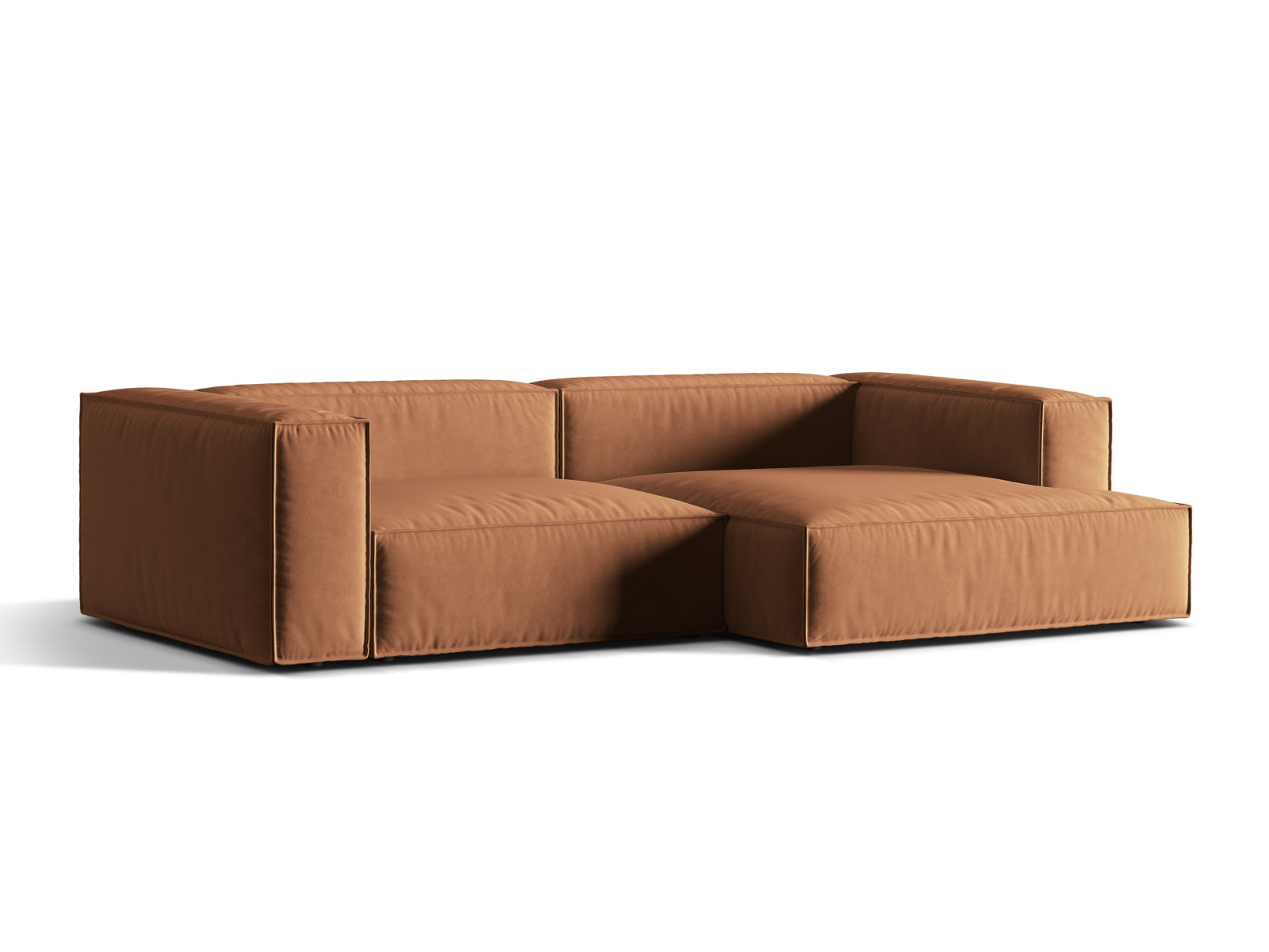 Elegantes Nuria Velour Ecksofa in Honey-Paris, 4-Sitzer, modular und rechtsseitig, ideal für stilvolle Wohnräume.