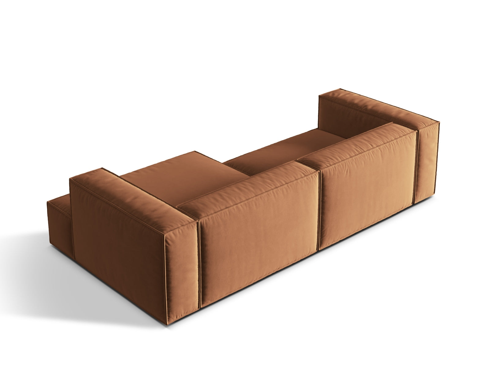 Elegantes Nuria Velour Ecksofa in sanftem Honey-Paris, 4-Sitzer, rechtsseitig, ideal für stilvolle und einladende Wohnräume.