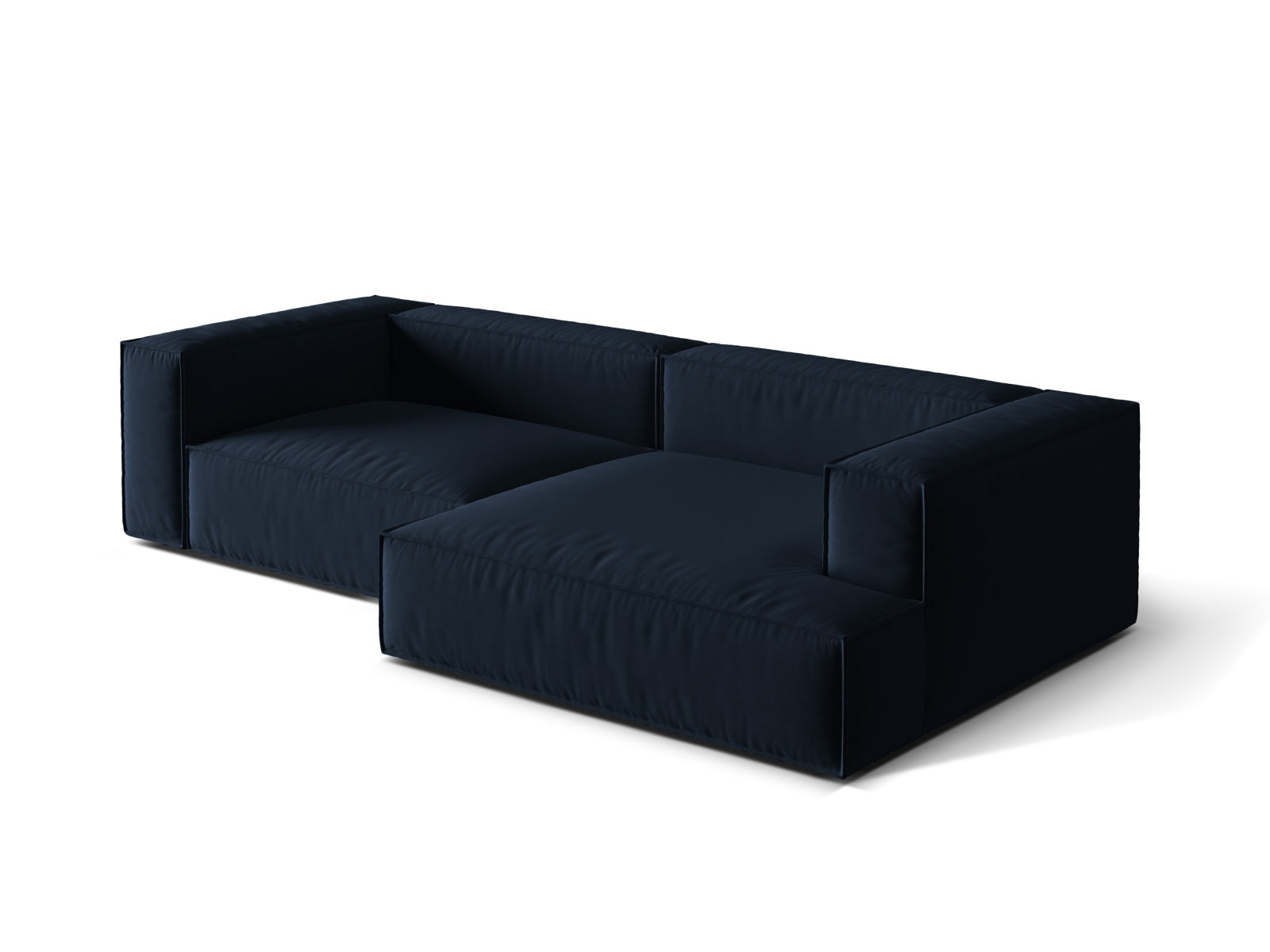 Modulares Nuria Velour Ecksofa in edlem Dunkelblau, 4-Sitzer, rechtsseitig, vereint Stil und Komfort für moderne Wohnlandschaften.