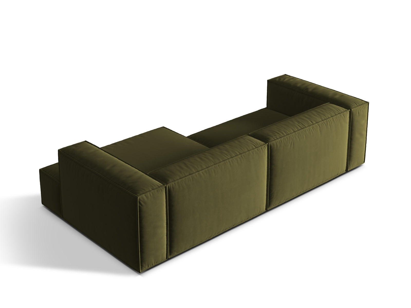 Elegantes Nuria Velour Ecksofa in stilvollem Moss Green Melange, ideal für vier Personen, vereint Funktionalität und zeitgemäße Ästhetik.