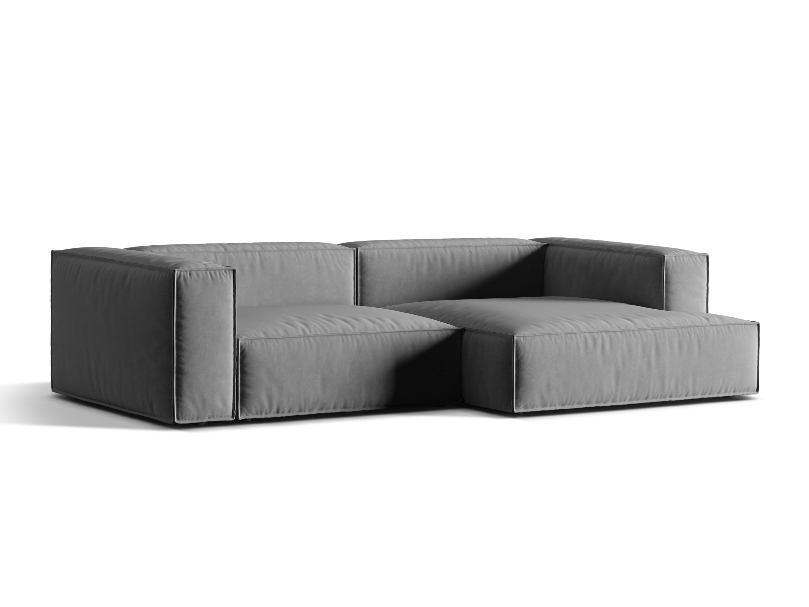 Elegantes Nuria Velour Ecksofa in Grau, modular und komfortabel, ideal für stilvolle Wohnräume. Rechtsseitige Anordnung, 4-Sitzer.