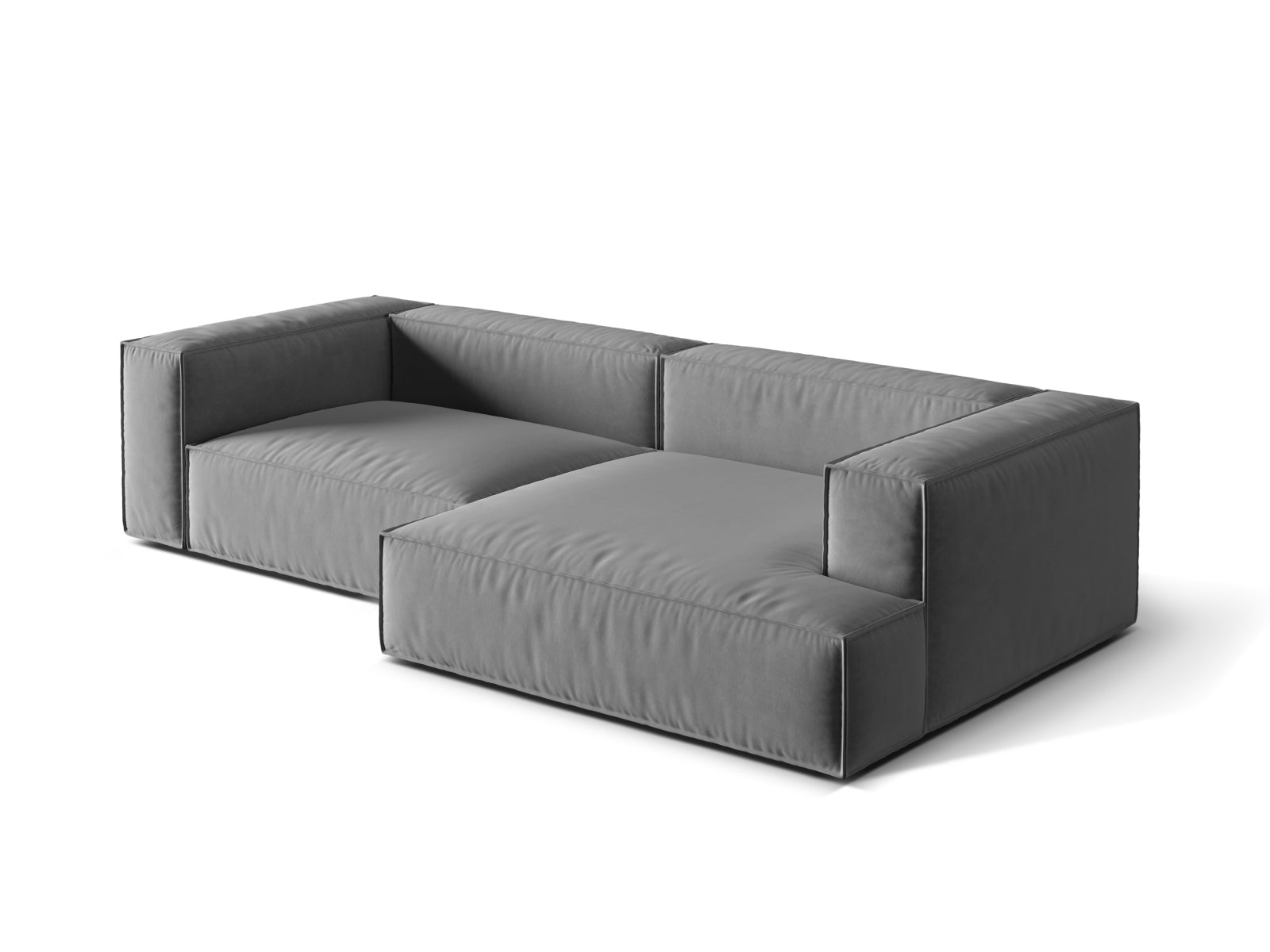 Modulares Nuria Velour Ecksofa in modernem Grau, 4-Sitzer mit rechter Anordnung, perfekt für gemütliche und stilvolle Wohnbereiche.