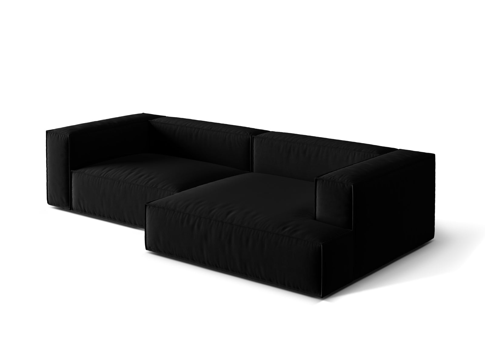Modulares Nuria Velour Ecksofa in edlem Schwarz, 4-Sitzer, bietet hohen Komfort und passt perfekt in moderne Wohnkonzepte.