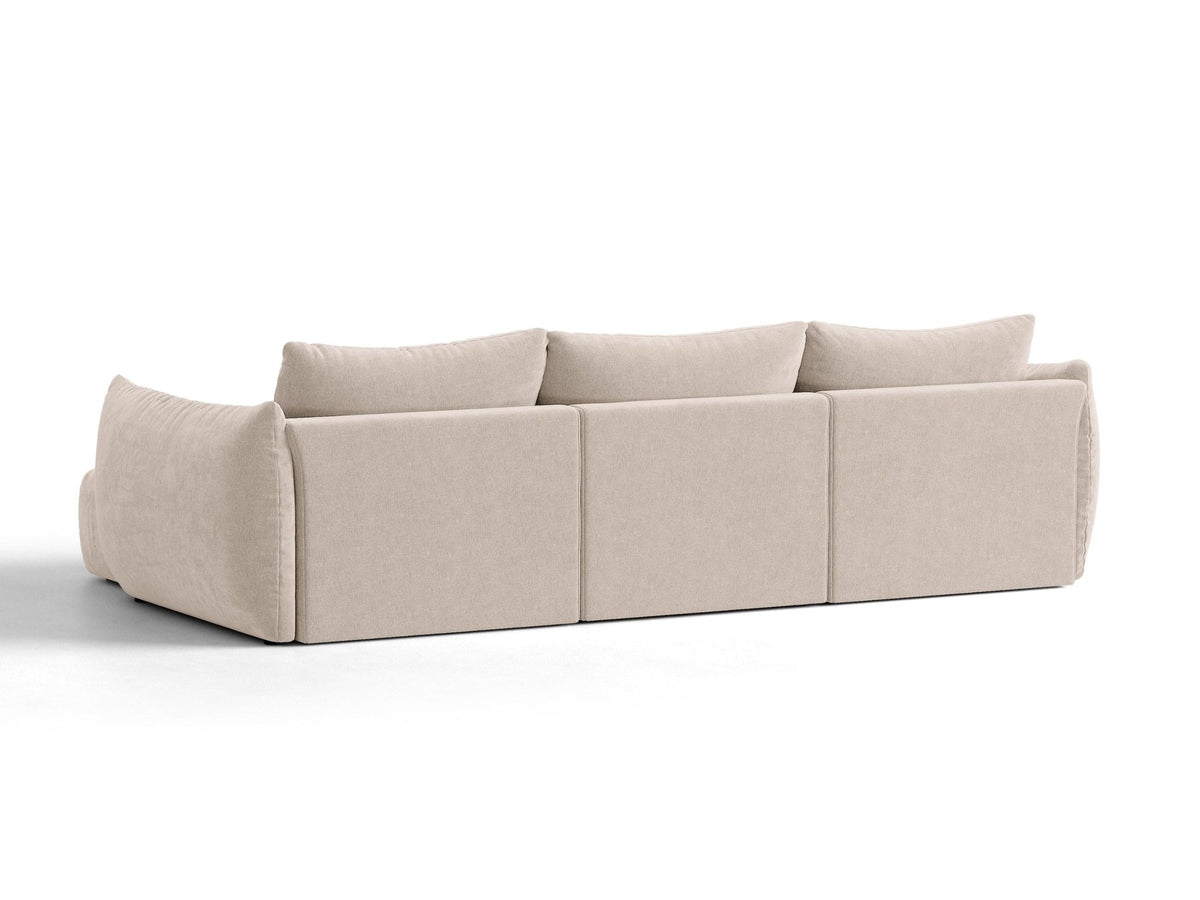 Beiges L-Sofa rechts Bloom von Micadoni mit Veloursstoff-Bezug Casino Pearl, schwarzen Kunststoffbeinen und sichtbarem Staufach unter der Sitzfläche.