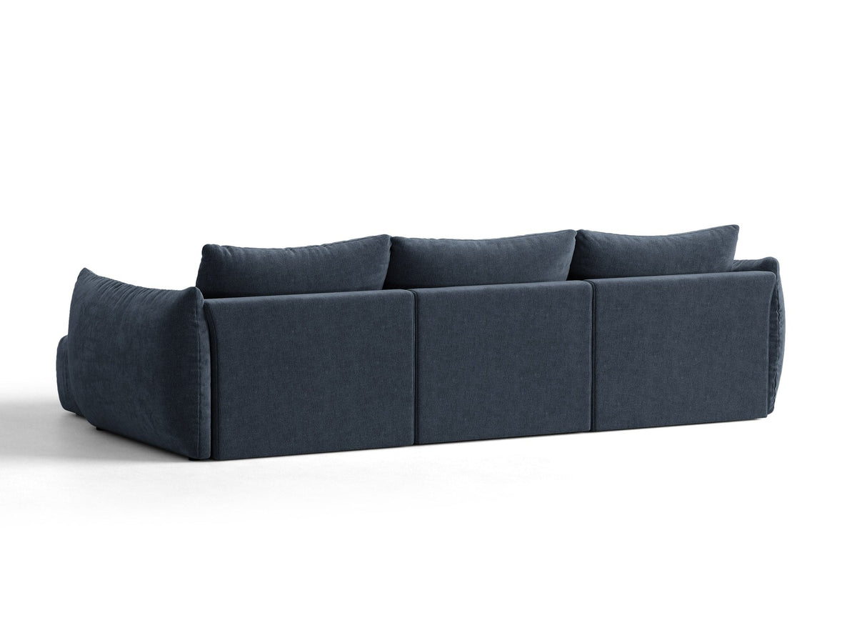 Beiges L-Sofa rechts Bloom von Micadoni mit Veloursstoff-Bezug Casino Pearl, schwarzen Kunststoffbeinen und sichtbarem Staufach unter der Sitzfläche.