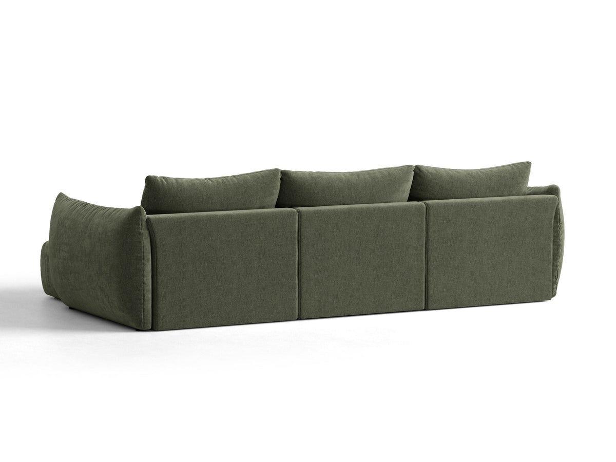 Beiges L-Sofa rechts Bloom von Micadoni mit Veloursstoff-Bezug Casino Pearl, schwarzen Kunststoffbeinen und sichtbarem Staufach unter der Sitzfläche.