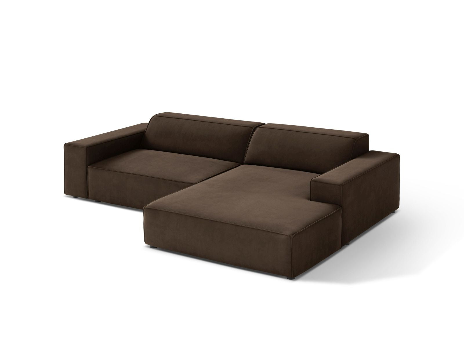 Elegantes Jodie Velour Ecksofa in Dunkelbraun, 3-Sitzer, modular und rechtsseitig, ideal für stilvolle Wohnräume.
