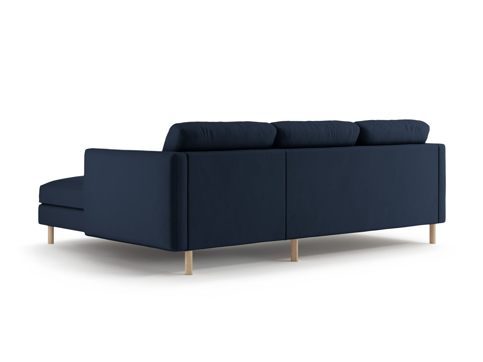 Modernes 3-Sitzer Ecksofa Eden aus Velours in edlem Dunkelblau, rechtsseitig, ideal für stilvolle Wohnräume von Micadoni.