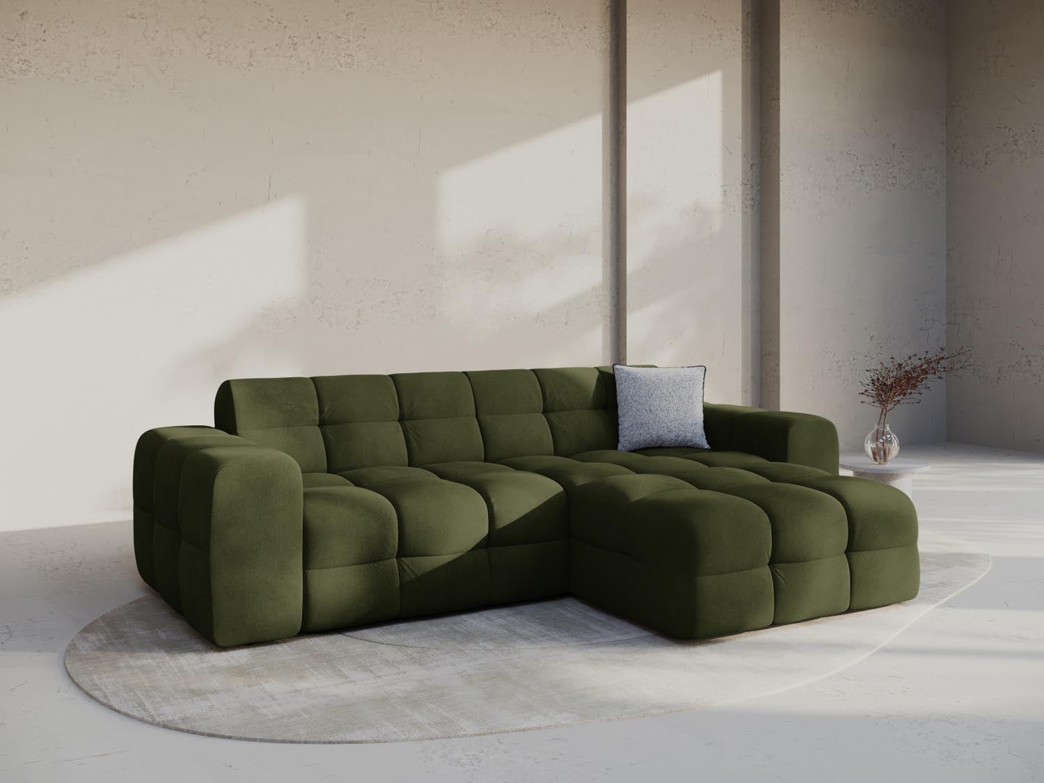 Elegantes Kendal Velour Ecksofa in Army Green, 4-Sitzer, stilvoll und komfortabel, ideal für moderne Wohnräume.