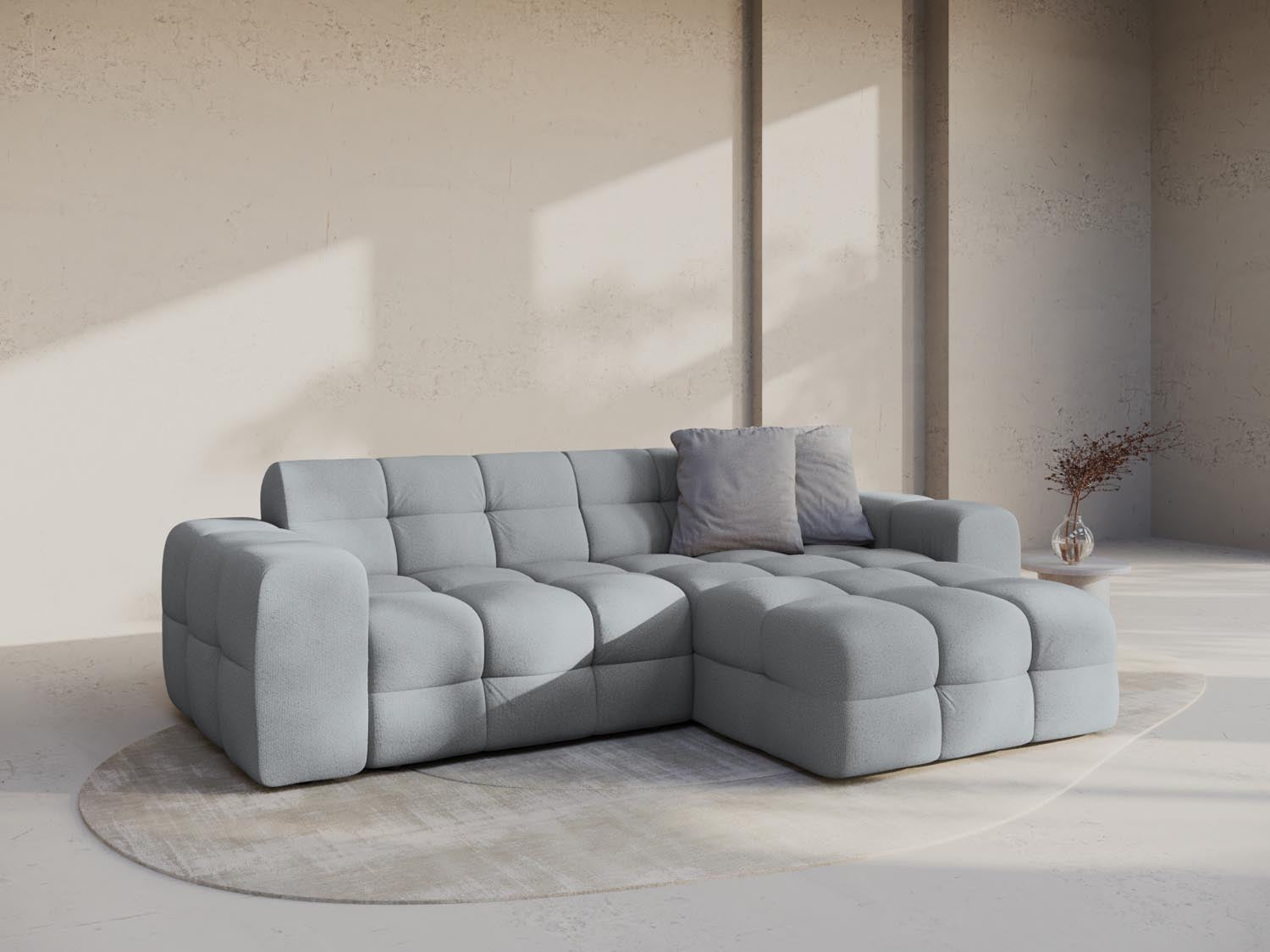 Elegantes Kendal Ecksofa rechts, 4-Sitzer in Platinum-Ottawa, ideal für stilvolle Wohnräume. Hochwertige Verarbeitung von Micadoni.