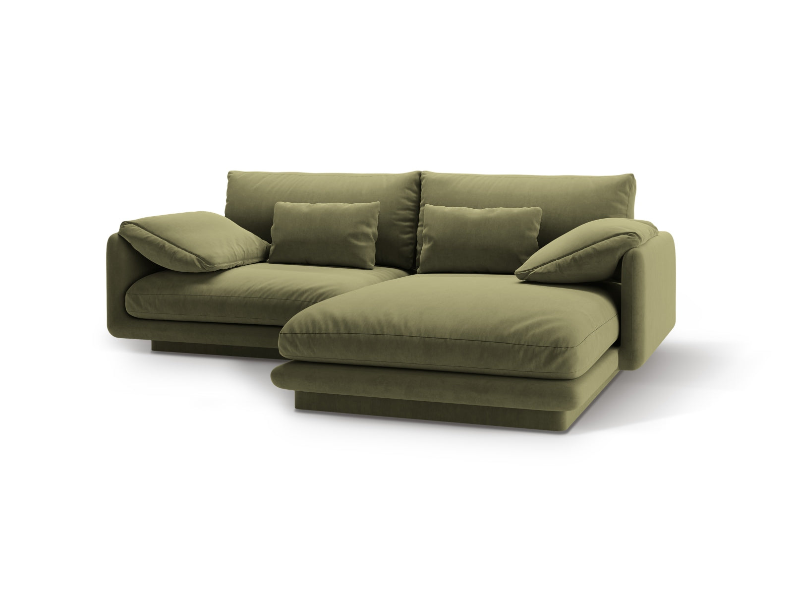 Elegantes Torino Velour Ecksofa in sanftem Grün, 3-Sitzer, ideal für stilvolle Wohnräume und entspannte Stunden, erhältlich bei Micadoni.