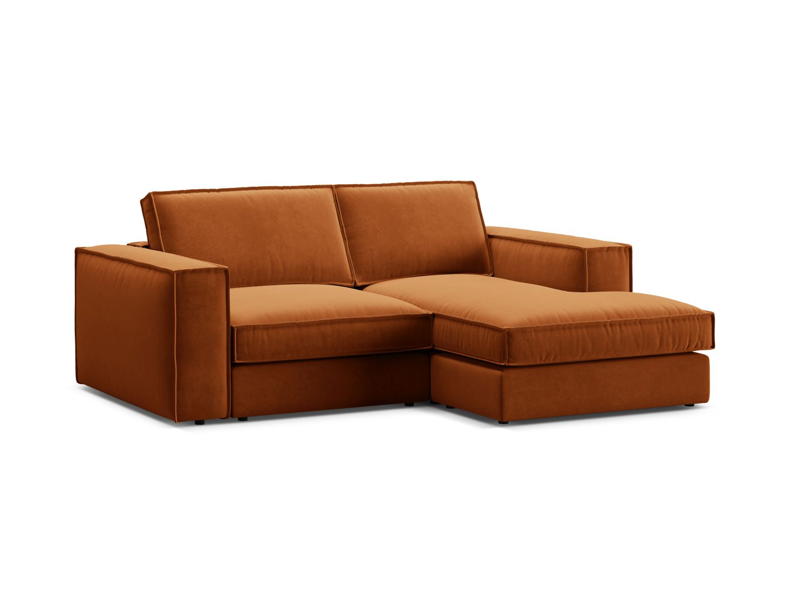 Modernes 2-Sitzer Ecksofa rechts Pola in warmem Terracotta, ideal für entspannte Stunden und stilvolle Wohnräume.