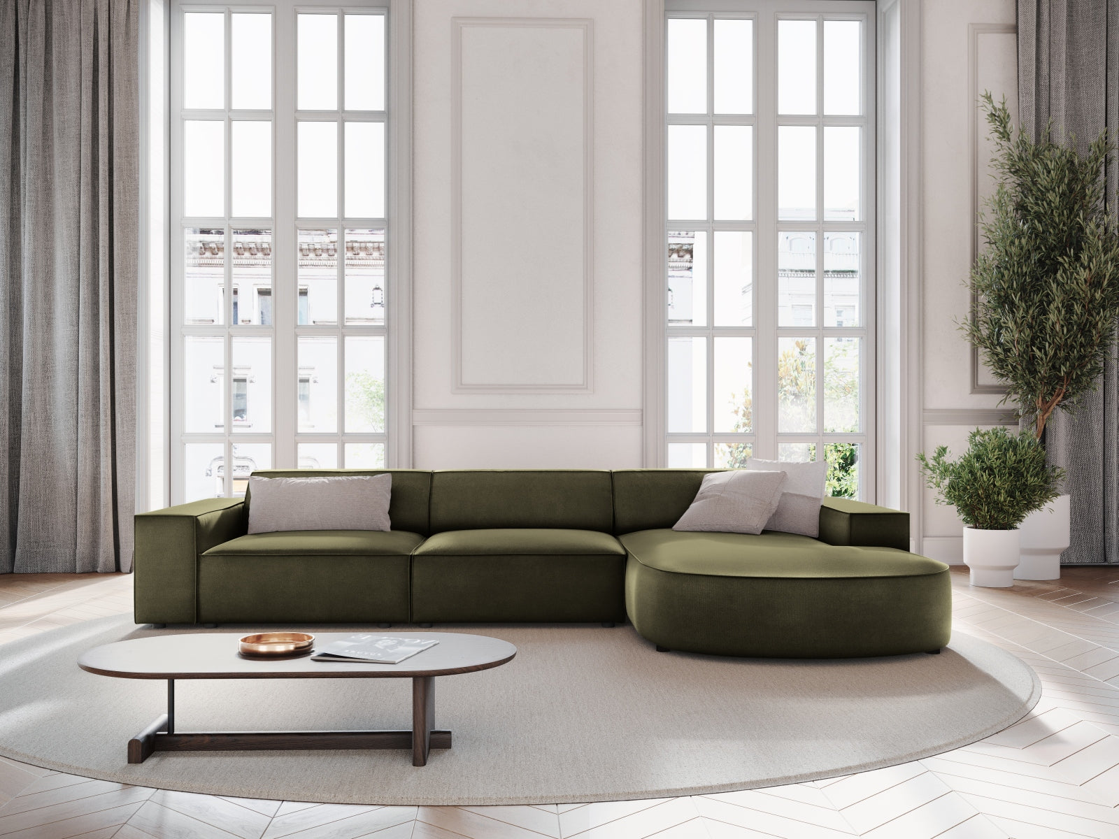 Jodie Velour modulares Ecksofa rechts 4 Sitzer in Green präsentiert im Onlineshop von KAQTU Design AG. Ecksofa rechts ist von Micadoni