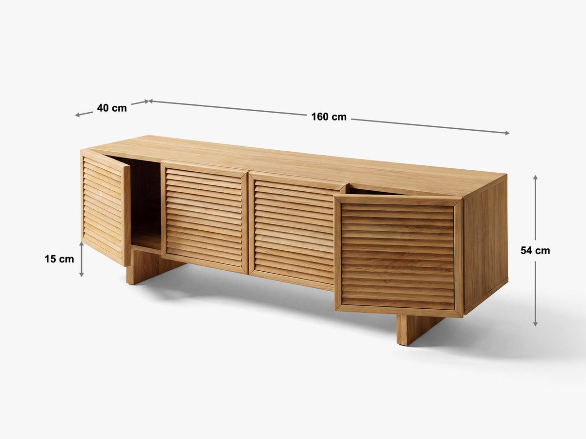 Foto des Wiley TV-Schranks von Micadoni in natürlicher Eiche mit zwei Türen, Holzbeinen und Massen von 160 x 40 x 54 cm.