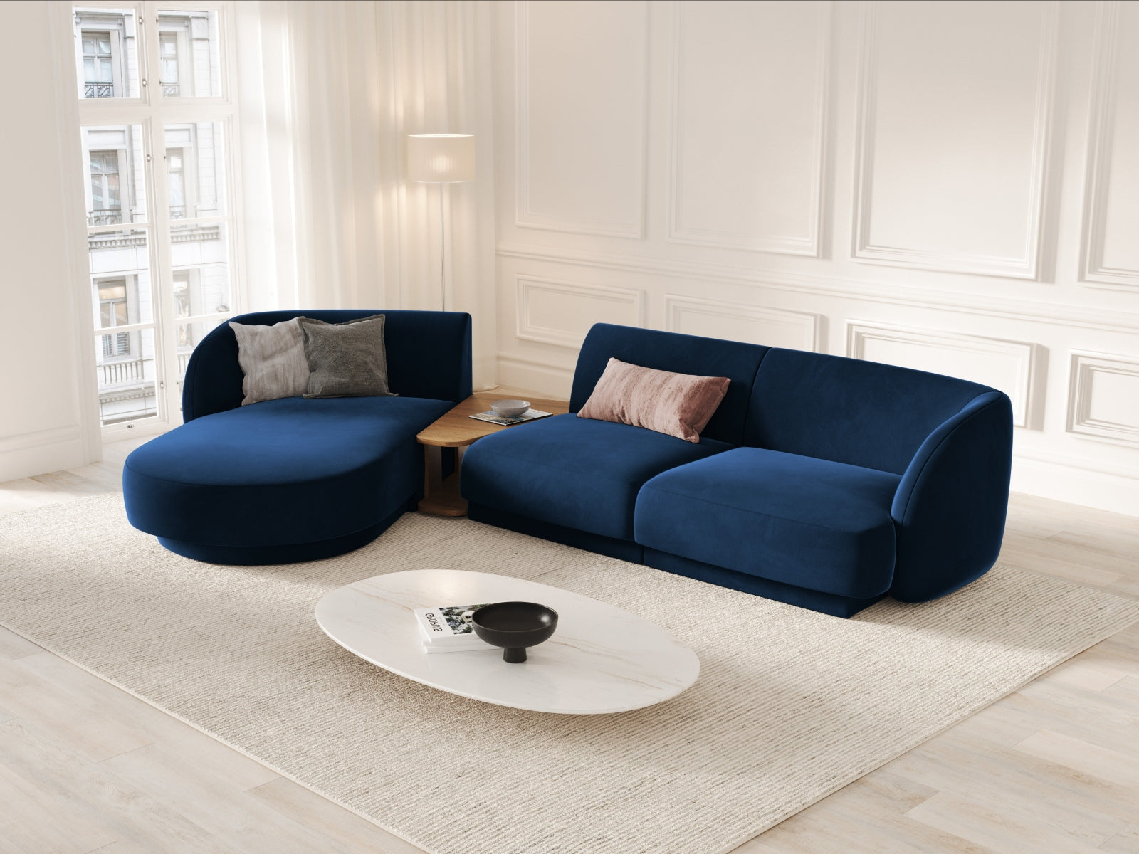 Miley Velour modulares Sofa links 3 Sitzer in Royal Blue präsentiert im Onlineshop von KAQTU Design AG. L-Sofa links ist von Micadoni