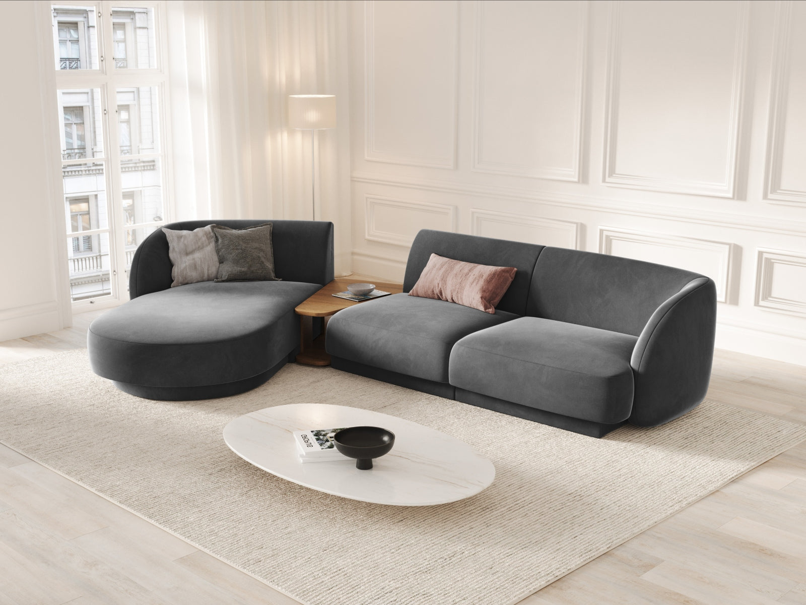 Miley Velour modulares Sofa links 3 Sitzer in Grey präsentiert im Onlineshop von KAQTU Design AG. L-Sofa links ist von Micadoni