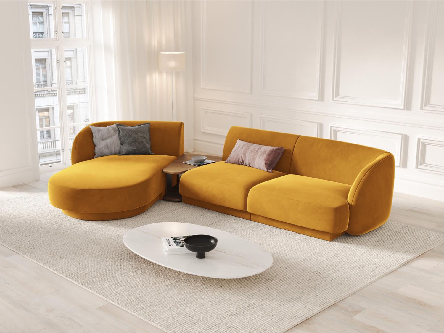Elegantes Miley Velour Sofa in Gelb-Blau, linksseitig, 3-Sitzer, ideal für stilvolle Wohnräume, präsentiert von Micadoni.