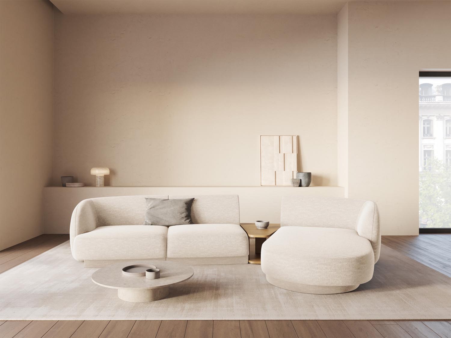 Elegantes Miley Modulares Sofa rechts 3 Sitzer in sanftem Beige, ideal für stilvolle Wohnräume. Perfekte Kombination aus Komfort und Design.