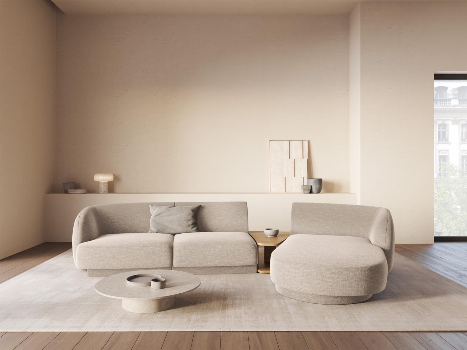 Beige Miley Modulares Sofa rechts 3 Sitzer von Micadoni, stilvolles L-Sofa für modernes Wohnen, elegant und komfortabel.