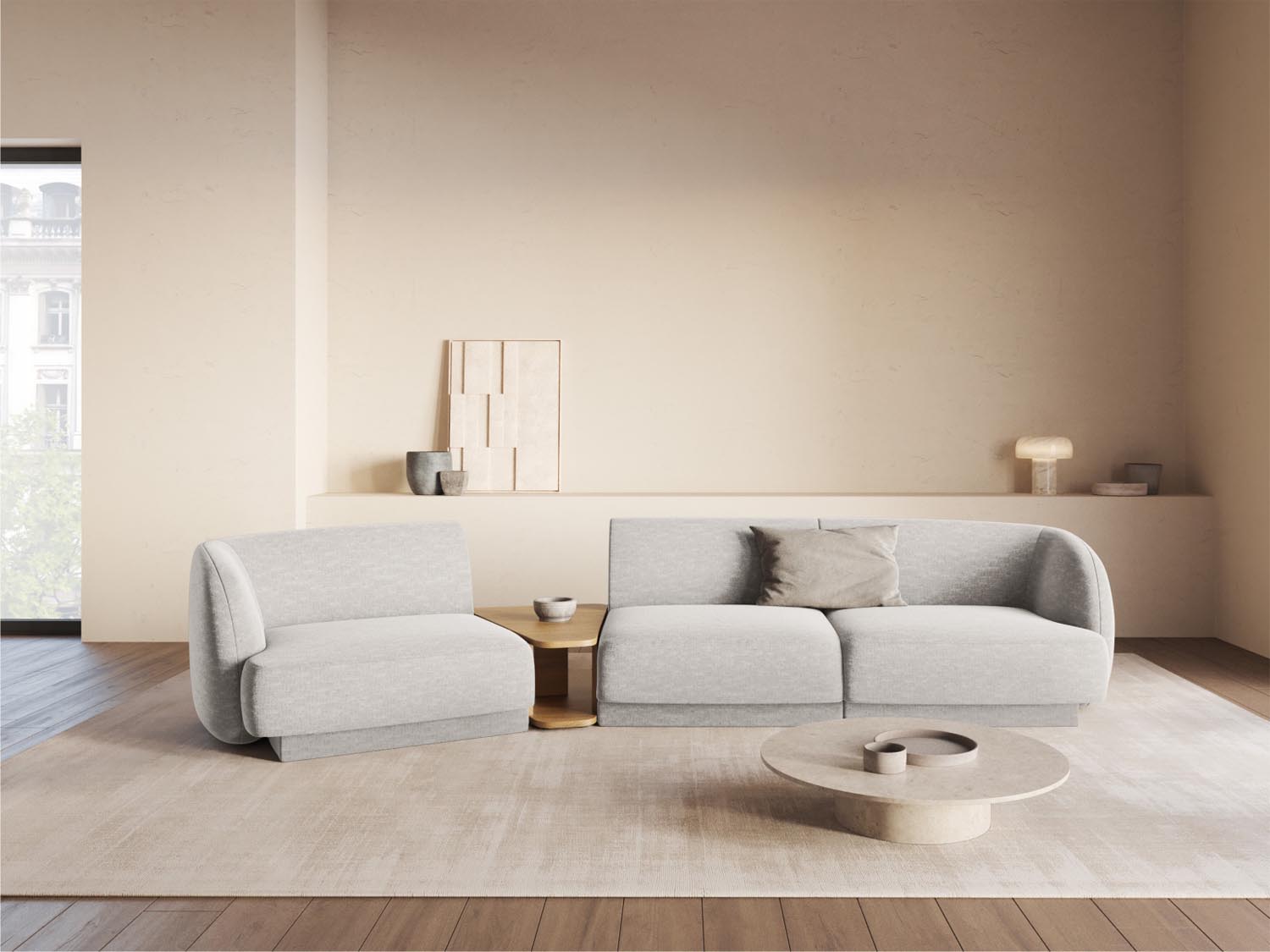Modernes Miley 3-Sitzer L-Sofa in sanftem Grau, perfekt für gemütliche Abende und stilvolle Einrichtungsideen, erhältlich bei Micadoni.