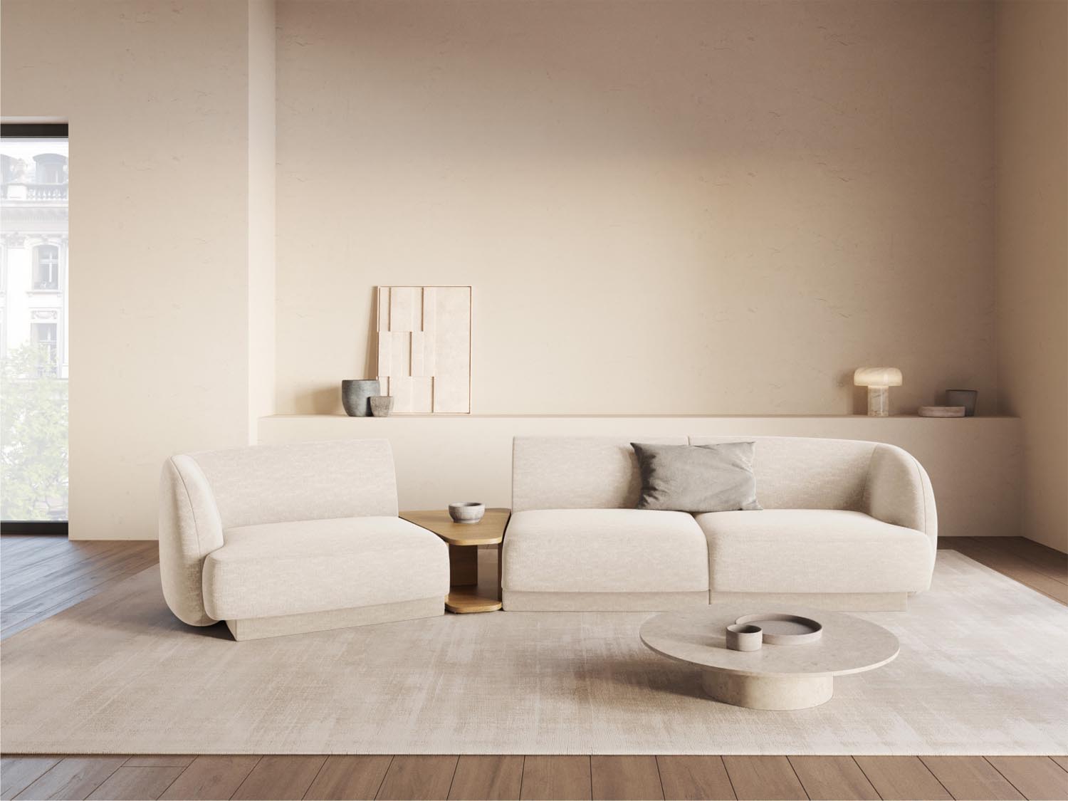 Stilvolles Miley 3-Sitzer L-Sofa links in sanftem Ivory-Eden, perfekt für moderne Wohnkonzepte und gemütliche Abende von Micadoni.
