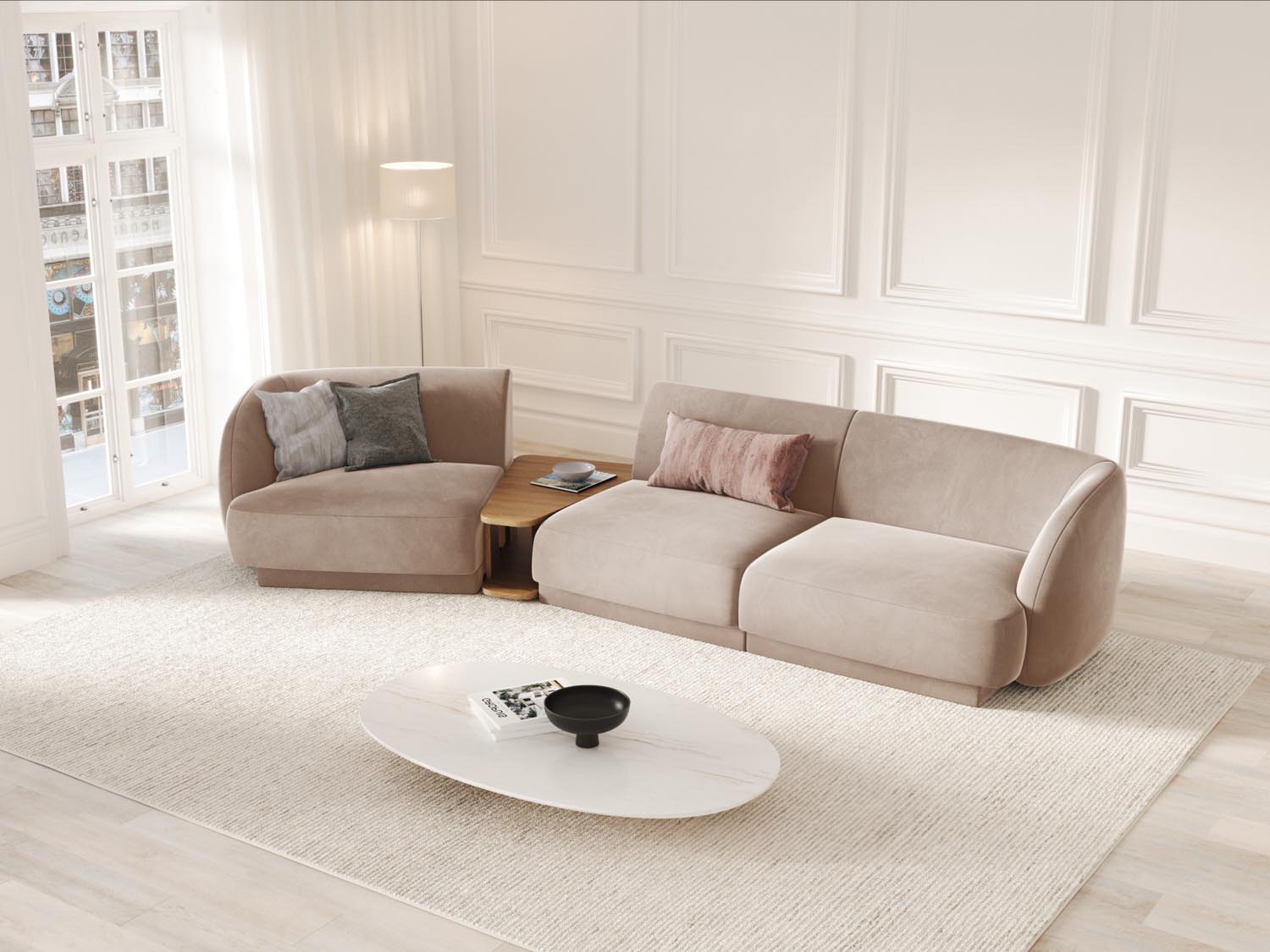 Modulares 3-Sitzer Sofa Miley Velour in warmem Cappuccino, linksseitig, perfekt für gemütliche und moderne Wohnambiente von Micadoni.