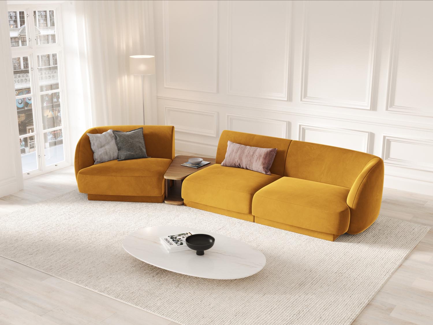 Stylisches, modulares 3-Sitzer Sofa Miley Velour in lebhaftem Gelb-Blau, perfekt für moderne und kreative Wohnkonzepte von Micadoni.