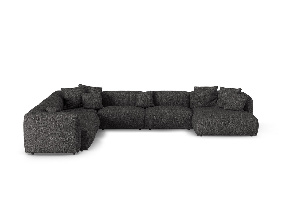 Martina modulares Ecksofa links von Micadoni, 6-Sitzer XL-Tiefe, Bezugsstoff Boston in Moss Green, schwarze Kunststoffbeine.