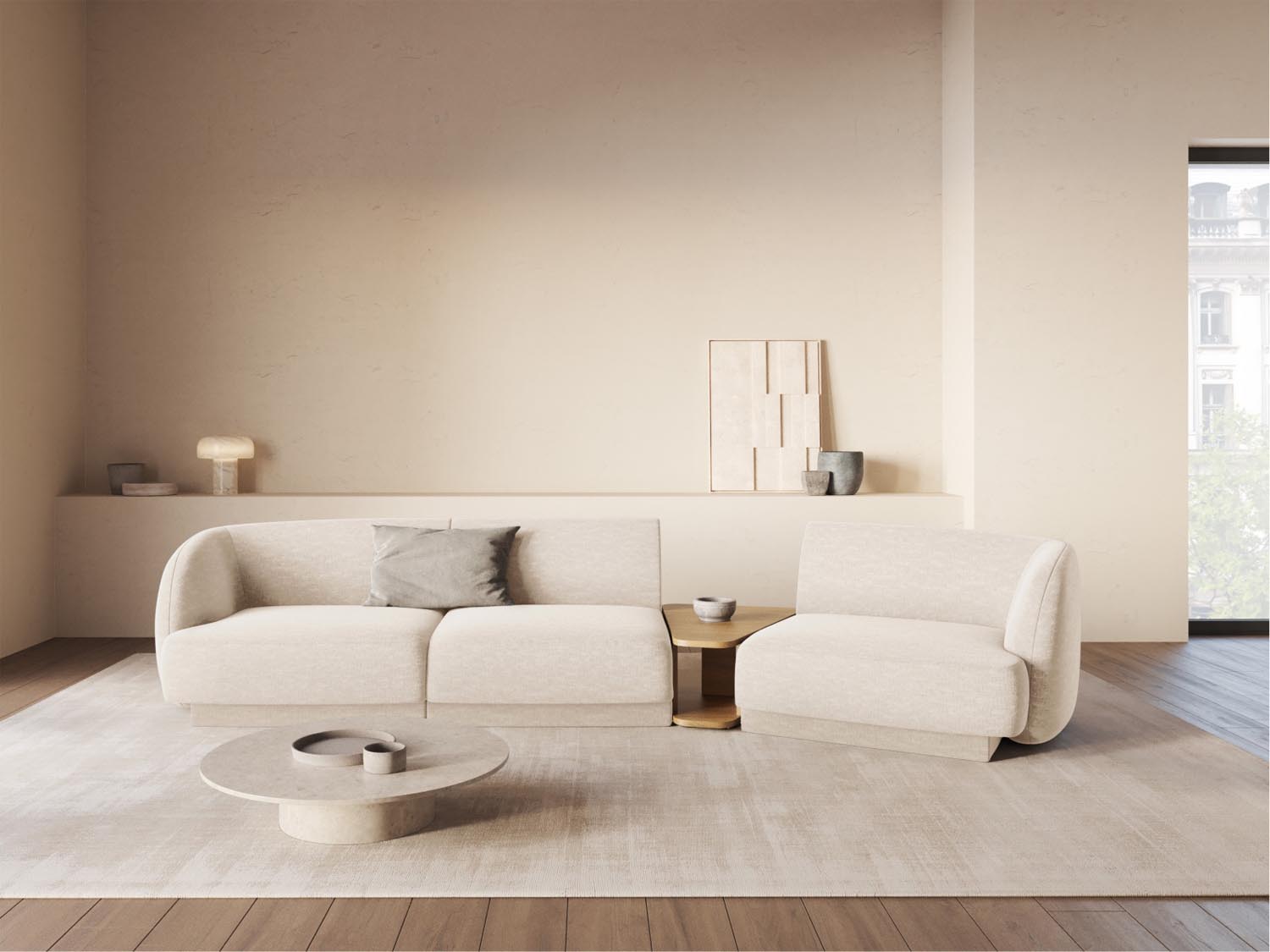 Modernes Miley Modulares Sofa rechts 3 Sitzer in warmem Beige, perfekt für entspannte Abende und stilvolle Einrichtungsideen.
