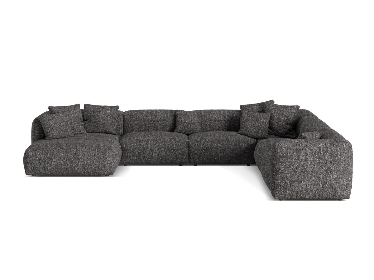 Ecksofa rechts Martina von Micadoni, 6-Sitzer mit Bezug Boston Water Green, Massivholzrahmen und schwarzen Kunststoffbeinen.