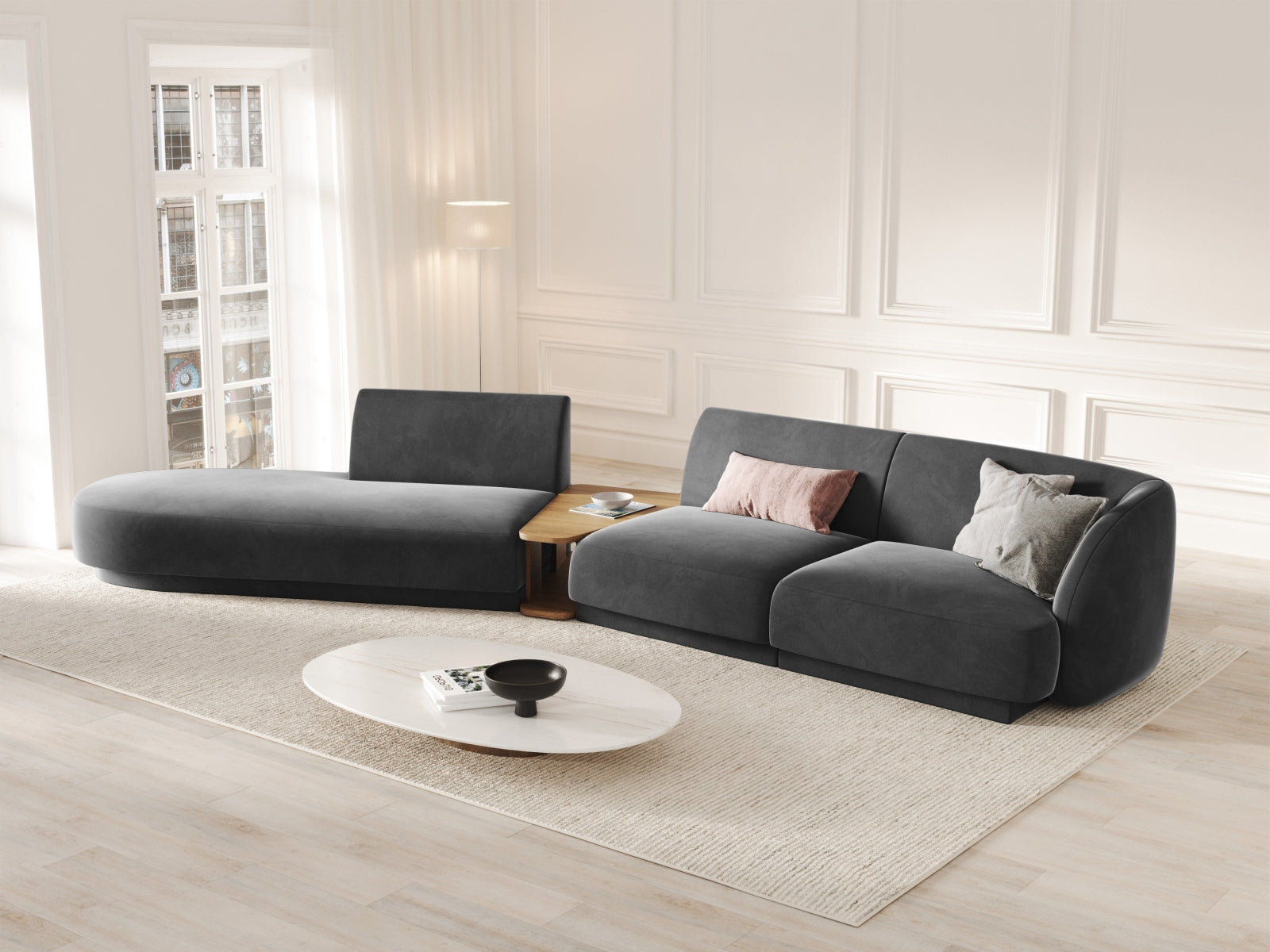 Miley Velour modulares Sofa links 4 Sitzer in Grey präsentiert im Onlineshop von KAQTU Design AG. L-Sofa links ist von Micadoni