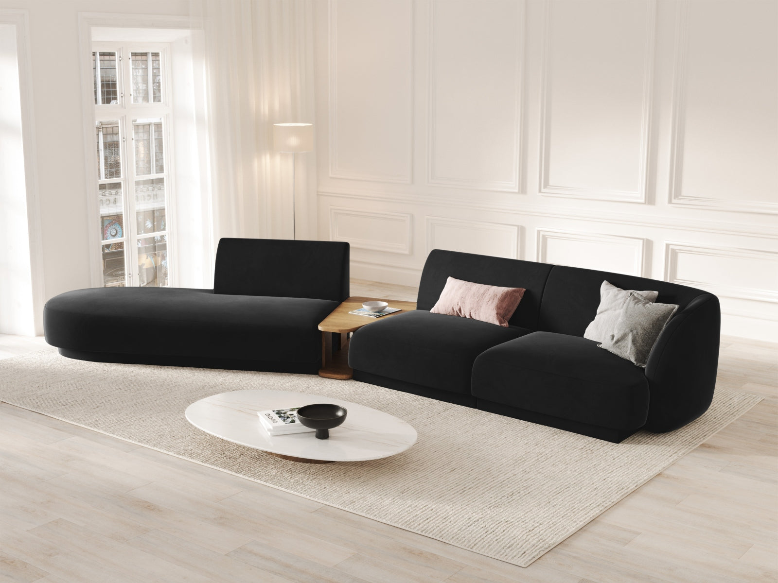 Miley Velour modulares Sofa links 4 Sitzer in Black präsentiert im Onlineshop von KAQTU Design AG. L-Sofa links ist von Micadoni