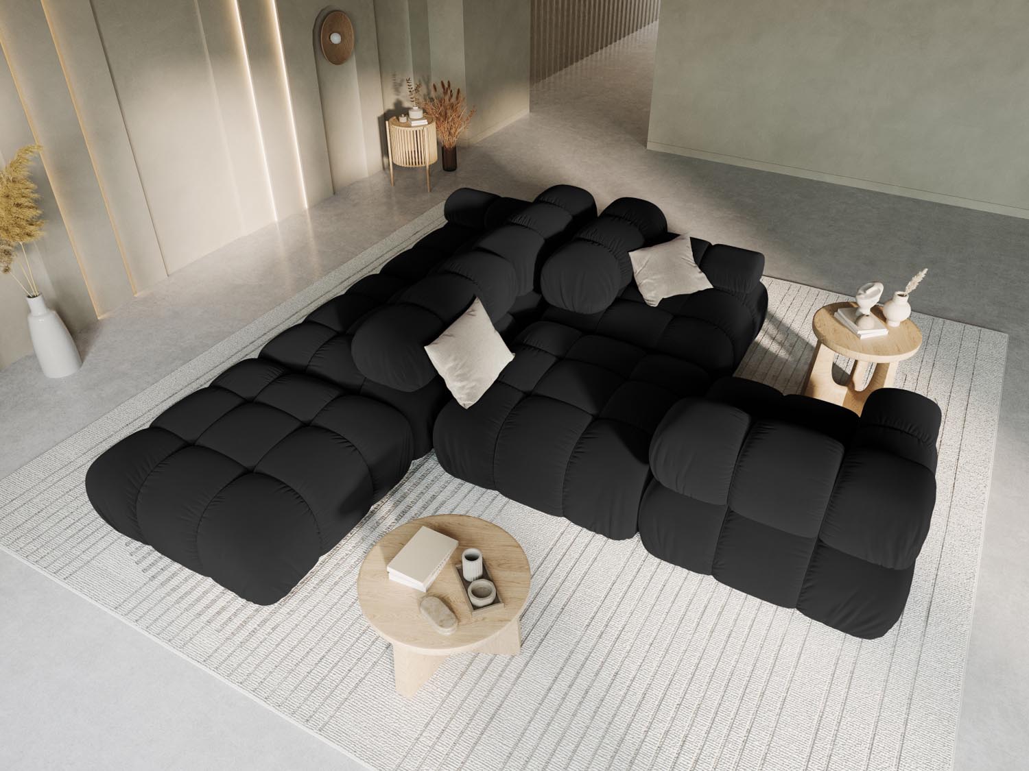 Elegantes Bellis Velour Sofa in Schwarz-Bluvel, 4-Sitzer, modulares Design, ideal für stilvolle Wohnräume, präsentiert von KAQTU.