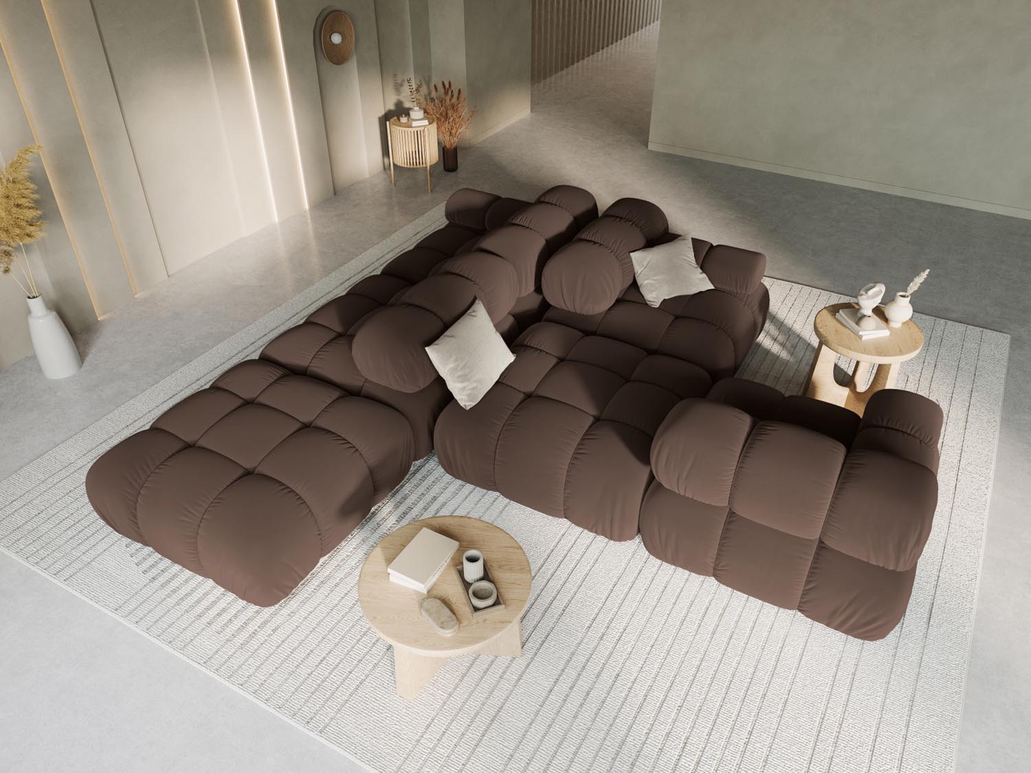 Elegantes Bellis Velour Sofa in Dunkelbraun, 4-Sitzer, modulares Design, ideal für stilvolle Wohnräume, präsentiert von Micadoni.